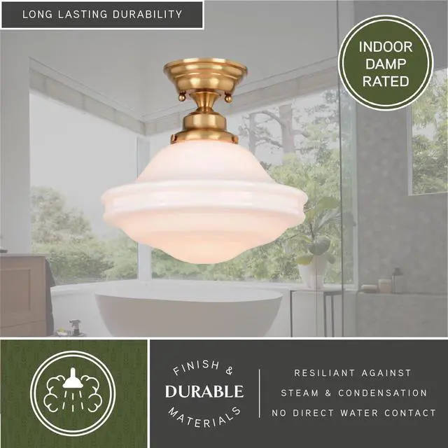 Alt view image 6 of 6 - 2-Pack Huntley 12 inch Semi-Flush Ceiling Light, Farmhouse Style, Schoolhouse, White Milk Glass, Natural Brass Finish, Dimmable, E26 Bulb Compatible, Damp Rated