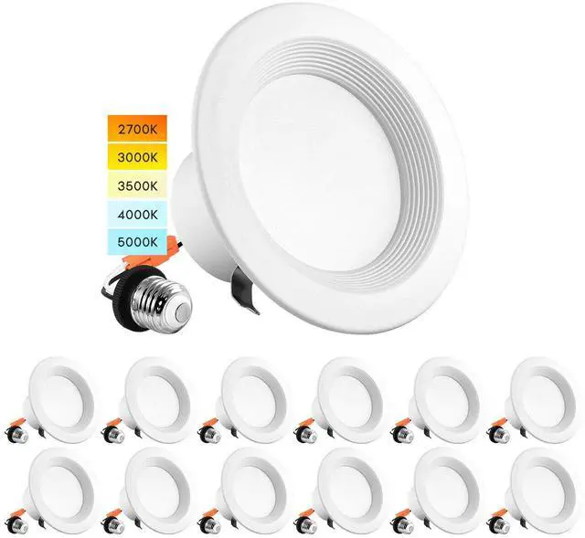 Main image of 4 Inch LED Recessed Can Lights, 10W=60W, CCT Color Selectable 2700K | 3000K | 3500K | 4000K | 5000K, Dimmable Retrofit Downlights, 750 Lumens, Energy Star, Wet Rated, Baffle Trim (12 Pack)