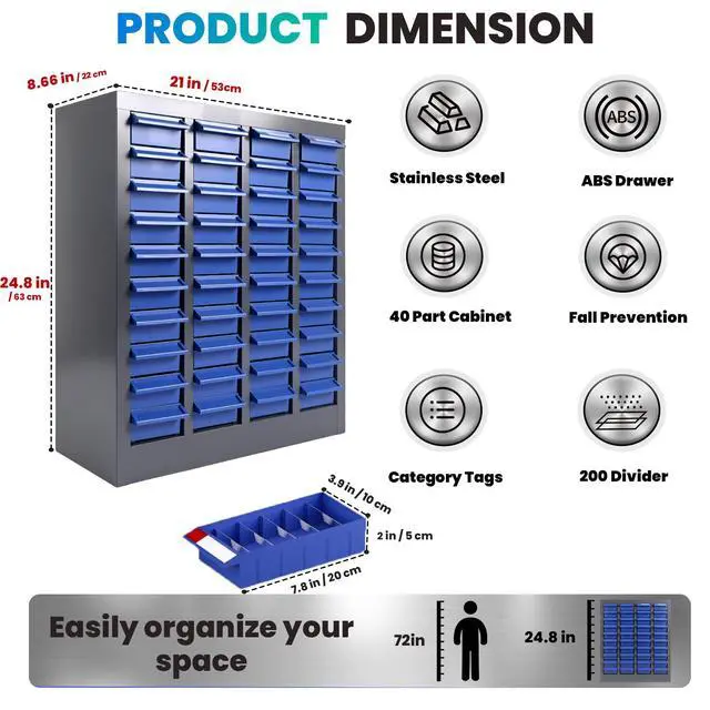 Alt view image 2 of 6 - 40-Drawer - Nut and Bolt Organizer | Stainless Steel Part Storage Cabinet | Shelves & Labels | Each Drawer 3.9" D x 7.8W x 2" H | Durable Hardware Storage for Small Parts/Tool (Classroom, Home)