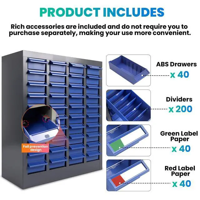 Alt view image 4 of 6 - 40-Drawer - Nut and Bolt Organizer | Stainless Steel Part Storage Cabinet | Shelves & Labels | Each Drawer 3.9" D x 7.8W x 2" H | Durable Hardware Storage for Small Parts/Tool (Classroom, Home)