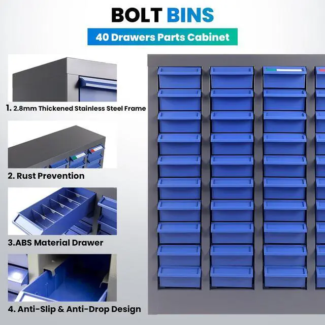 Alt view image 5 of 6 - 40-Drawer - Nut and Bolt Organizer | Stainless Steel Part Storage Cabinet | Shelves & Labels | Each Drawer 3.9" D x 7.8W x 2" H | Durable Hardware Storage for Small Parts/Tool (Classroom, Home)