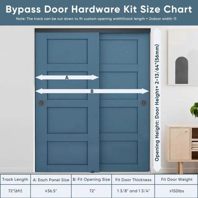 Alt view image 3 of 6 - 6FT Heavy Duty Bypass Door Hardware with Finger Pulls,Sturdy Aluminum Sliding Closet Door Track for 2 door System,Quietly and Smoothly,Fit Door Thickness 1 3/8" or 1 3/4",Easy to Install, Black