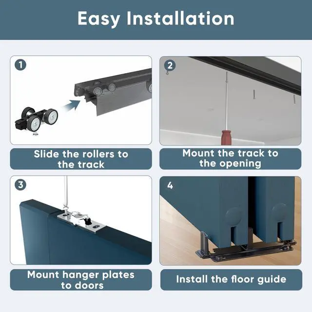 Alt view image 6 of 6 - 6FT Heavy Duty Bypass Door Hardware with Finger Pulls,Sturdy Aluminum Sliding Closet Door Track for 2 door System,Quietly and Smoothly,Fit Door Thickness 1 3/8" or 1 3/4",Easy to Install, Black