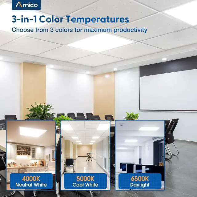 Alt view image 2 of 5 - 6 Pack 2x2 LED Flat Panel Light 5000LM Adjustable, 0-10V Dimmable Troffer LED Drop Ceiling Light Fixtures, 4000K/5000K/6500K Selectable for Office - Dustproof ETL Listed, FCC, DLC