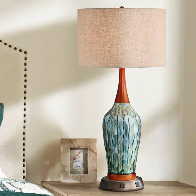 Main image of Rocco Mid Century Modern Table Lamp with USB and AC Power Outlet Workstation Charging Base Handmade 30" Tall Blue Ceramic Tan Drum Shade for Living Room Bedroom (Color May Vary)