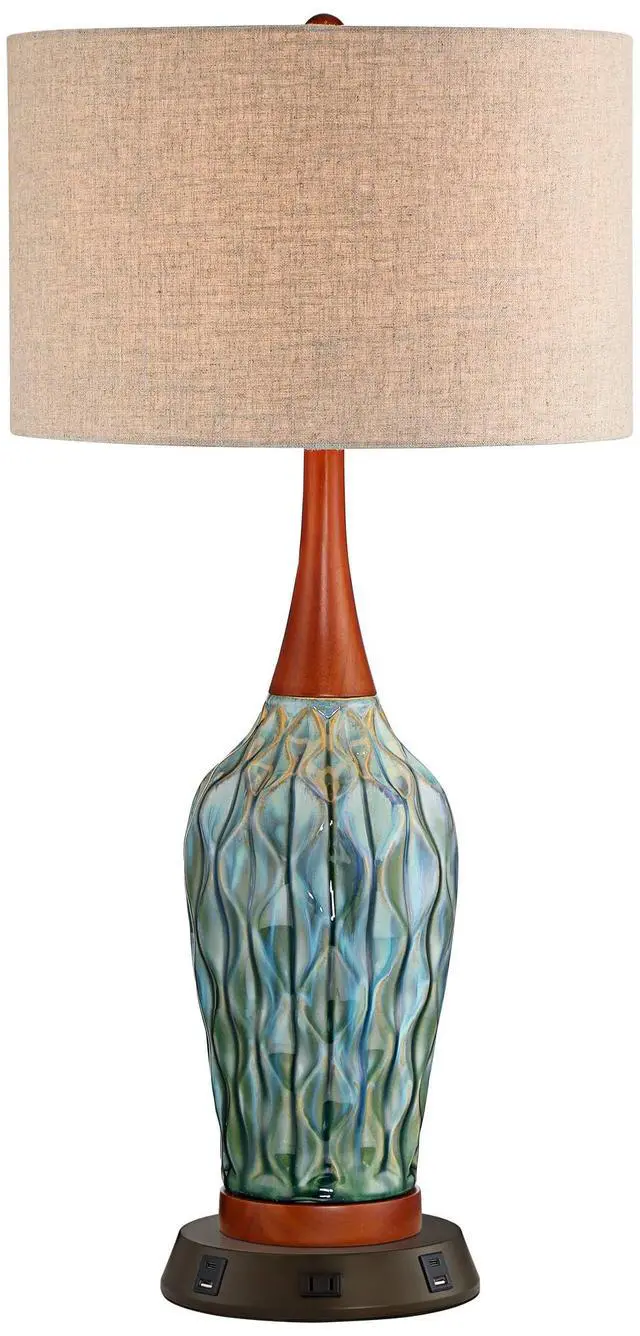 Alt view image 2 of 6 - Rocco Mid Century Modern Table Lamp with USB and AC Power Outlet Workstation Charging Base Handmade 30" Tall Blue Ceramic Tan Drum Shade for Living Room Bedroom (Color May Vary)