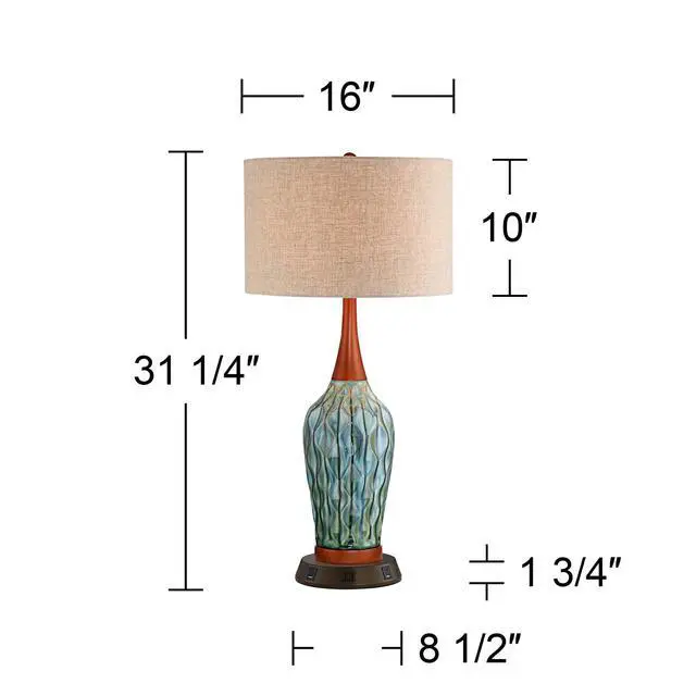 Alt view image 4 of 6 - Rocco Mid Century Modern Table Lamp with USB and AC Power Outlet Workstation Charging Base Handmade 30" Tall Blue Ceramic Tan Drum Shade for Living Room Bedroom (Color May Vary)