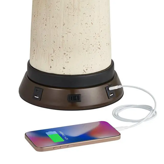 Alt view image 6 of 6 - Rocco Mid Century Modern Table Lamp with USB and AC Power Outlet Workstation Charging Base Handmade 30" Tall Blue Ceramic Tan Drum Shade for Living Room Bedroom (Color May Vary)