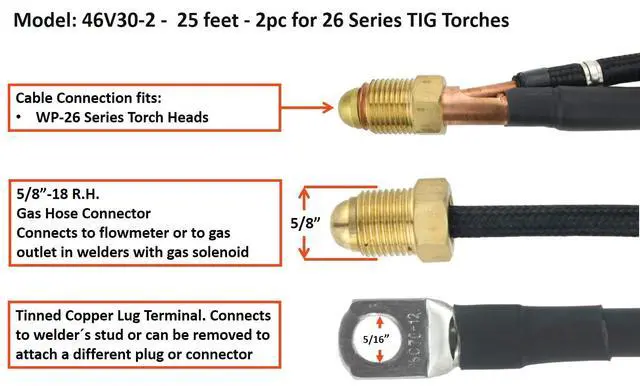 Alt view image 2 of 2 - TIG Torch Power Cable - Model: 46V30-2 - 25 feet - 2pc for 26 Series TIG Torches
