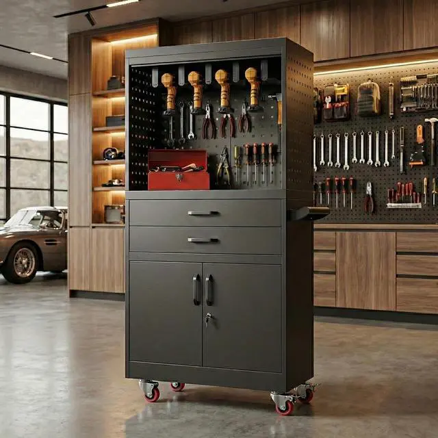 Alt view image 2 of 6 - Professional Mobile Tool Cart with Locking Wheels, Large Storage & Built-in Outlet - Heavy Duty Rolling Workbench for Garage, Workshop, Electric Tool Organization and Moving Jobs