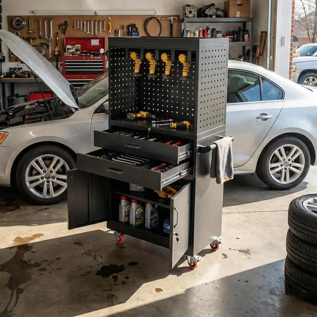 Alt view image 6 of 6 - Professional Mobile Tool Cart with Locking Wheels, Large Storage & Built-in Outlet - Heavy Duty Rolling Workbench for Garage, Workshop, Electric Tool Organization and Moving Jobs