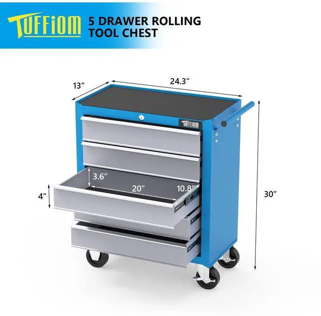 Alt view image 2 of 6 - 5-Drawer Rolling Tool Chest w/Drawers & Lock, Tool Storage Cabinet with Lockable Wheels, Top Cushion & Drawer Liners, Tool Organizer Box for Garage, Warehouse & Repair Shop