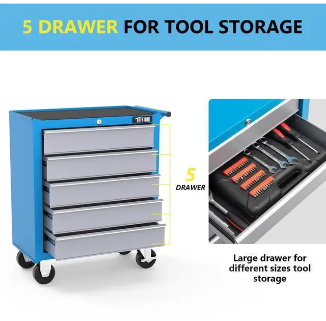 Alt view image 3 of 6 - 5-Drawer Rolling Tool Chest w/Drawers & Lock, Tool Storage Cabinet with Lockable Wheels, Top Cushion & Drawer Liners, Tool Organizer Box for Garage, Warehouse & Repair Shop