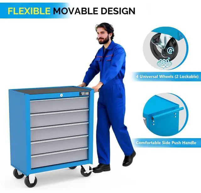 Alt view image 4 of 6 - 5-Drawer Rolling Tool Chest w/Drawers & Lock, Tool Storage Cabinet with Lockable Wheels, Top Cushion & Drawer Liners, Tool Organizer Box for Garage, Warehouse & Repair Shop