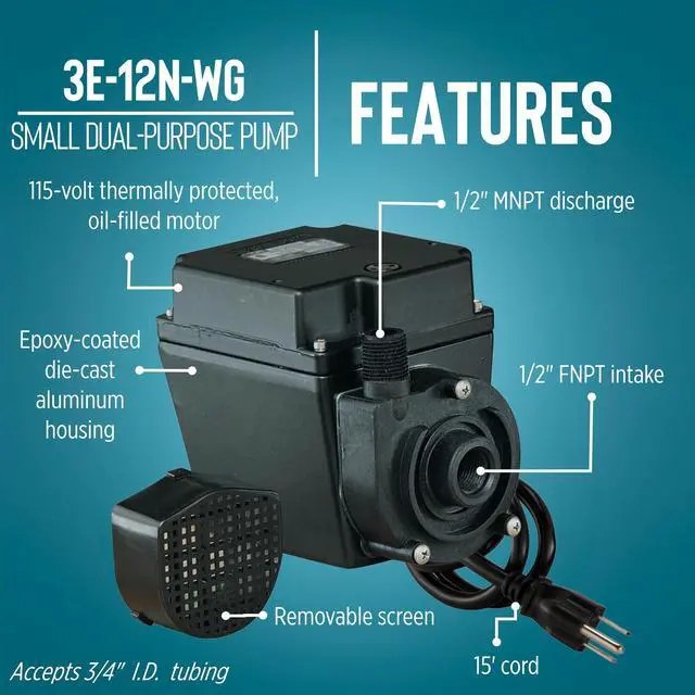 Alt view image 4 of 6 - 3E-12N-WG, 115-Volt, 1/15 HP, 500 GPH Oil-filled Direct Drive In-Line or Submersible Pump with 15-ft. Cord, Black, 503375