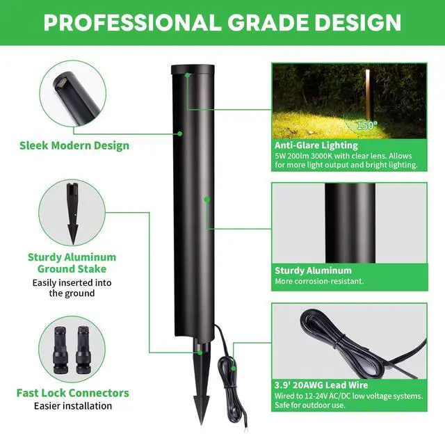 Alt view image 5 of 6 - LED Pathway Lights Wired, 12V Landscape Path Lights, Low Voltage Outdoor Waterproof, 5W 200LM Black Aluminum for Lawn Garden 8 Pack