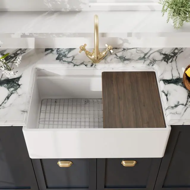 Main image of White Kitchen Sink 30 inch Single Bowl Apron Front Farmhouse Sink with Ledge, Grid and Cutting Board, Fireclay Ceramic Kitchen Sinks, Farmhouse Sinks for Kitchens - 30x19x10" (White)