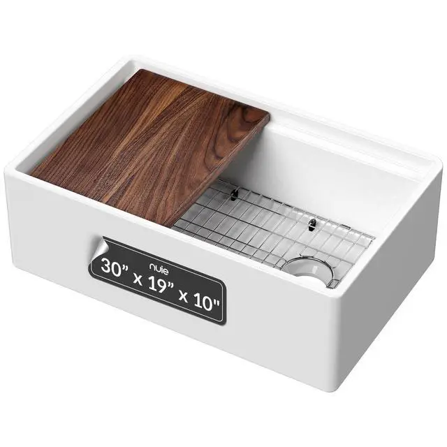 Alt view image 2 of 6 - White Kitchen Sink 30 inch Single Bowl Apron Front Farmhouse Sink with Ledge, Grid and Cutting Board, Fireclay Ceramic Kitchen Sinks, Farmhouse Sinks for Kitchens - 30x19x10" (White)