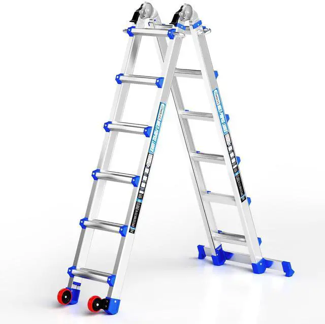Main image of Telescoping A-Frame Ladder with Wheels & Stabilizer Bar - 20FT Folding Extension Ladder, 330lb Security Load Multi Position Ladders for Stairs Home Indoor Outdoor Roof