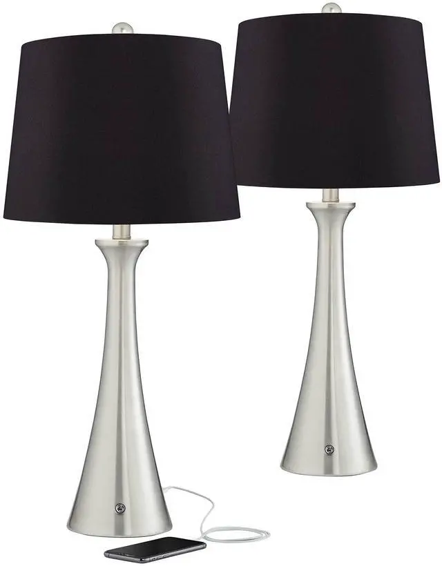 Main image of Karl Modern Table Lamps 27.5" Tall Set of 2 with USB and AC Power Outlet in Base Brushed Nickel Metal Black Drum Shade for Living Room Bedroom House Bedside Nightstand Home