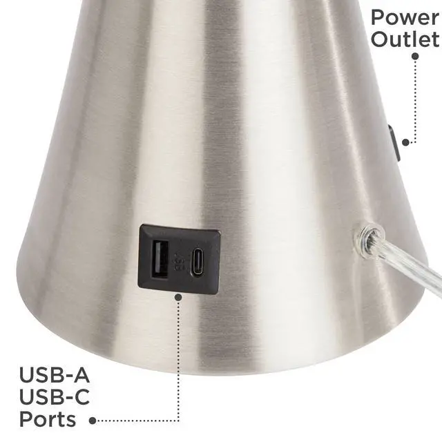 Alt view image 3 of 6 - Karl Modern Table Lamps 27.5" Tall Set of 2 with USB and AC Power Outlet in Base Brushed Nickel Metal Black Drum Shade for Living Room Bedroom House Bedside Nightstand Home