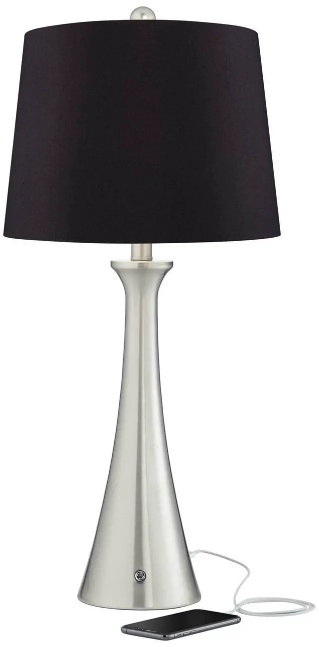 Alt view image 6 of 6 - Karl Modern Table Lamps 27.5" Tall Set of 2 with USB and AC Power Outlet in Base Brushed Nickel Metal Black Drum Shade for Living Room Bedroom House Bedside Nightstand Home