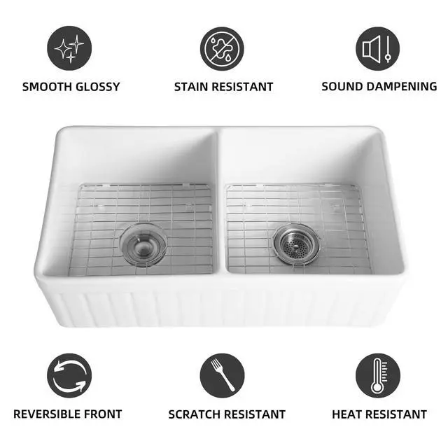 Alt view image 3 of 6 - 33 Inch Double Bowl Farmhouse Sink White, 50/50 Split Farm Kitchen Sinks, 33"W×18"D Apron Front Farmhouse Sink With Custom Accessories