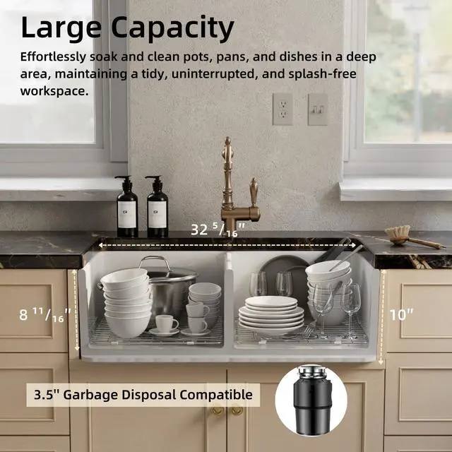 Alt view image 4 of 6 - 33 Inch Double Bowl Farmhouse Sink White, 50/50 Split Farm Kitchen Sinks, 33"W×18"D Apron Front Farmhouse Sink With Custom Accessories