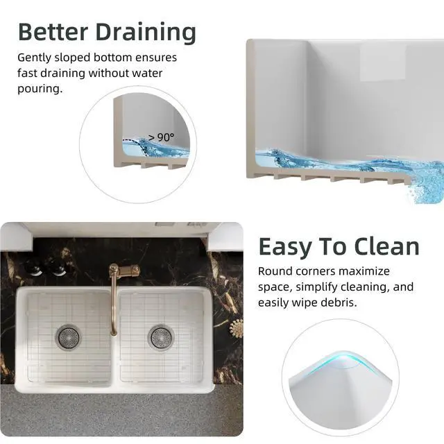 Alt view image 6 of 6 - 33 Inch Double Bowl Farmhouse Sink White, 50/50 Split Farm Kitchen Sinks, 33"W×18"D Apron Front Farmhouse Sink With Custom Accessories