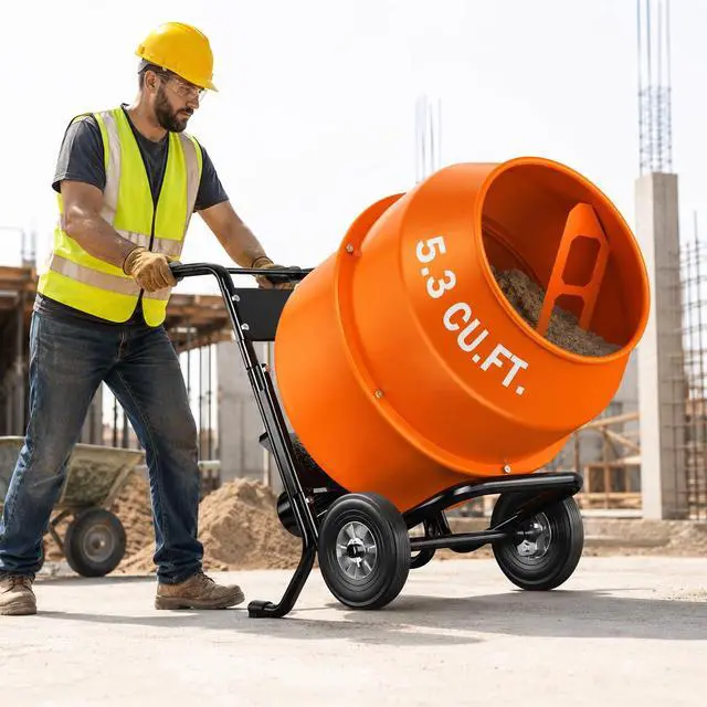 Alt view image 2 of 6 - 5.3 Cu.Ft. Cart-Mounted Stand Support Concrete Mixer 750W 1HP Electric Cement Mixer, Heavy Duty Mixing Machine for Mortar, Stucco & Grout, Orange