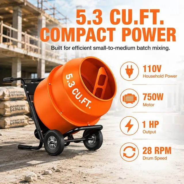 Alt view image 3 of 6 - 5.3 Cu.Ft. Cart-Mounted Stand Support Concrete Mixer 750W 1HP Electric Cement Mixer, Heavy Duty Mixing Machine for Mortar, Stucco & Grout, Orange