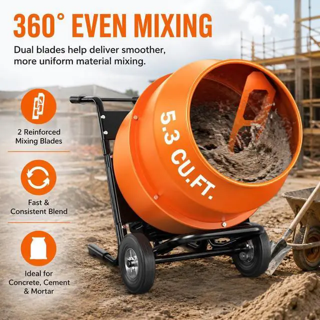 Alt view image 4 of 6 - 5.3 Cu.Ft. Cart-Mounted Stand Support Concrete Mixer 750W 1HP Electric Cement Mixer, Heavy Duty Mixing Machine for Mortar, Stucco & Grout, Orange