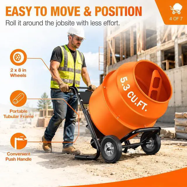 Alt view image 5 of 6 - 5.3 Cu.Ft. Cart-Mounted Stand Support Concrete Mixer 750W 1HP Electric Cement Mixer, Heavy Duty Mixing Machine for Mortar, Stucco & Grout, Orange
