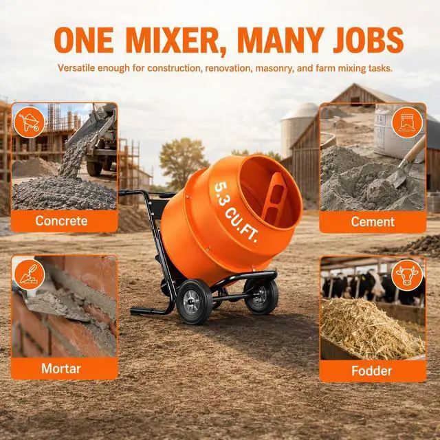 Alt view image 6 of 6 - 5.3 Cu.Ft. Cart-Mounted Stand Support Concrete Mixer 750W 1HP Electric Cement Mixer, Heavy Duty Mixing Machine for Mortar, Stucco & Grout, Orange