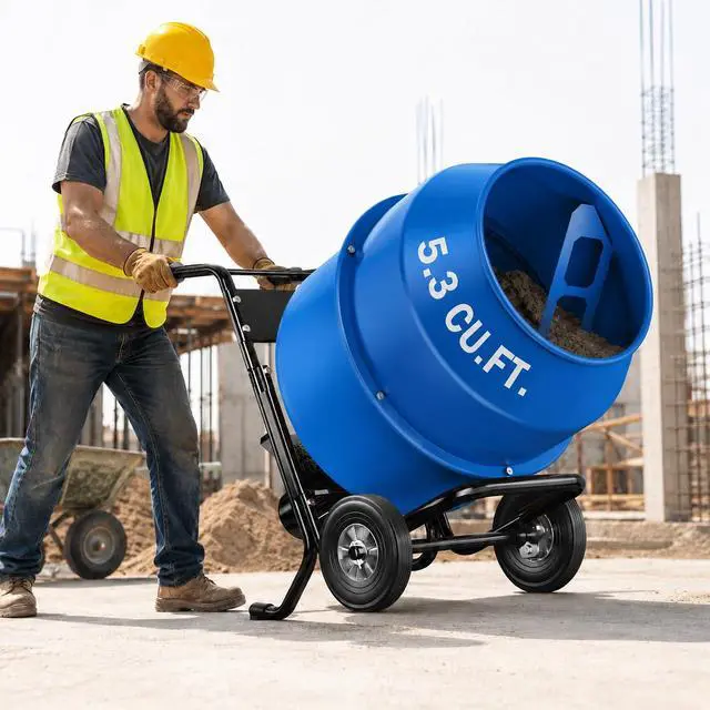 Alt view image 2 of 6 - 5.3 Cu.Ft. Cart-Mounted Concrete Mixer 750W 1HP Electric Cement Mixer, Heavy Duty Mixing Machine for Mortar, Stucco, Grout & Fodder, Blue