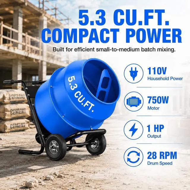 Alt view image 3 of 6 - 5.3 Cu.Ft. Cart-Mounted Concrete Mixer 750W 1HP Electric Cement Mixer, Heavy Duty Mixing Machine for Mortar, Stucco, Grout & Fodder, Blue