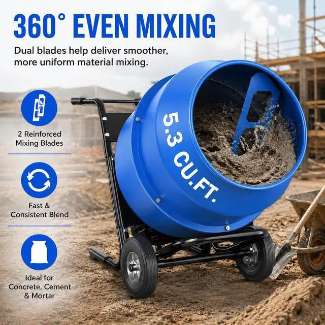 Alt view image 4 of 6 - 5.3 Cu.Ft. Cart-Mounted Concrete Mixer 750W 1HP Electric Cement Mixer, Heavy Duty Mixing Machine for Mortar, Stucco, Grout & Fodder, Blue