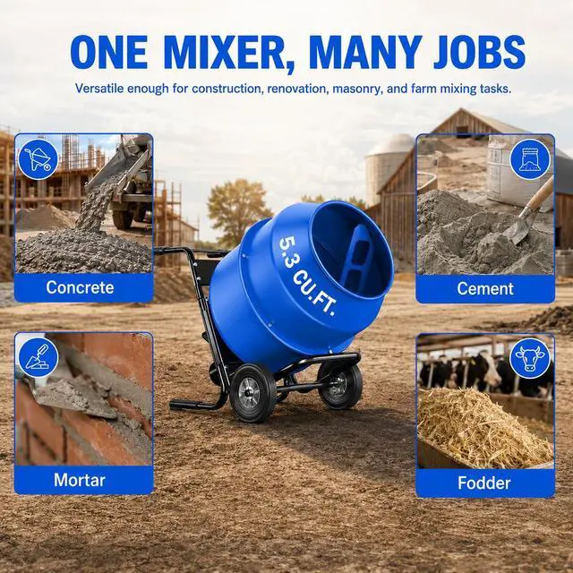 Alt view image 5 of 6 - 5.3 Cu.Ft. Cart-Mounted Concrete Mixer 750W 1HP Electric Cement Mixer, Heavy Duty Mixing Machine for Mortar, Stucco, Grout & Fodder, Blue