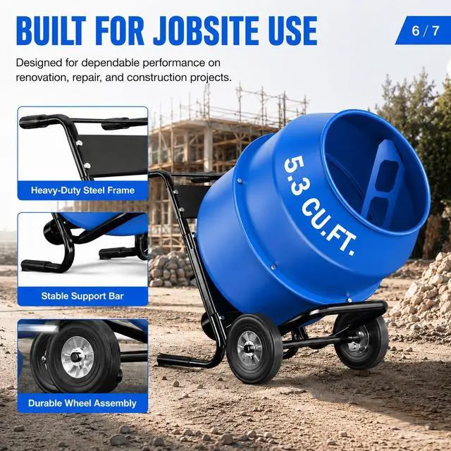 Alt view image 6 of 6 - 5.3 Cu.Ft. Cart-Mounted Concrete Mixer 750W 1HP Electric Cement Mixer, Heavy Duty Mixing Machine for Mortar, Stucco, Grout & Fodder, Blue