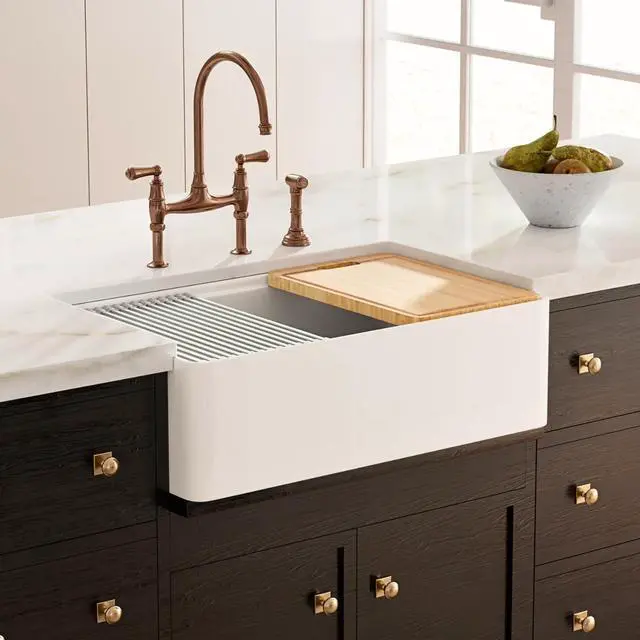 Main image of Farmhouse Sink 33 Inch, 33"W x 20"D Farm Workstation Sink, Fireclay Kitchen Sink White with Drying Rack, Cutting Board and Drain Strainer, Reversible Installation
