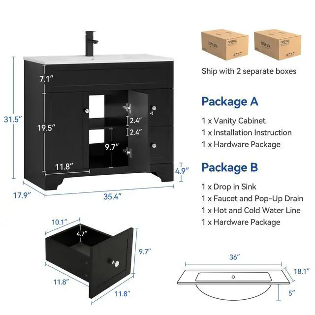 Alt view image 2 of 6 - 36" Bathroom Vanity with Sink Combo, Modern Bathroom Storage Vanities Set with 2 Drawers and 1 Soft Closing Door, Undermount Sink, Faucet & Pop Up Drain Set, Black