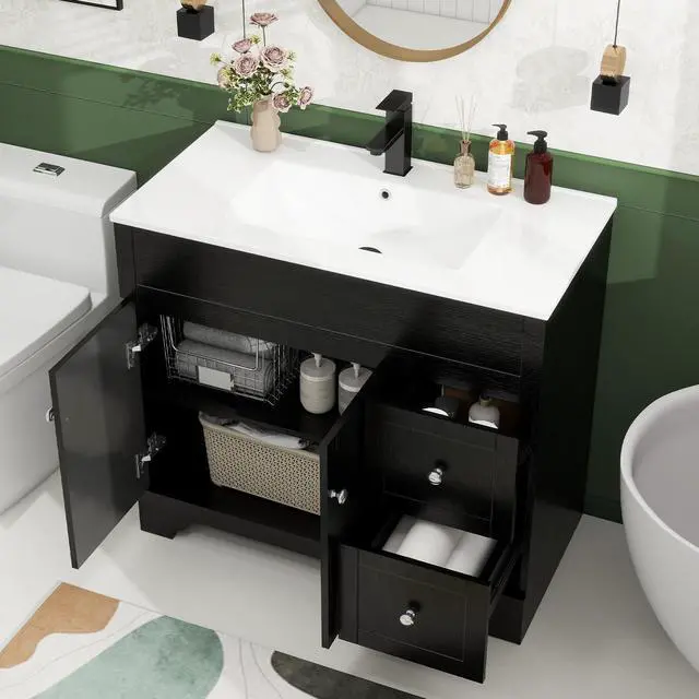 Alt view image 3 of 6 - 36" Bathroom Vanity with Sink Combo, Modern Bathroom Storage Vanities Set with 2 Drawers and 1 Soft Closing Door, Undermount Sink, Faucet & Pop Up Drain Set, Black