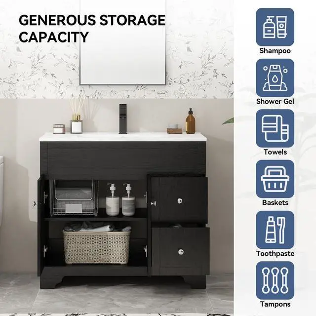 Alt view image 5 of 6 - 36" Bathroom Vanity with Sink Combo, Modern Bathroom Storage Vanities Set with 2 Drawers and 1 Soft Closing Door, Undermount Sink, Faucet & Pop Up Drain Set, Black