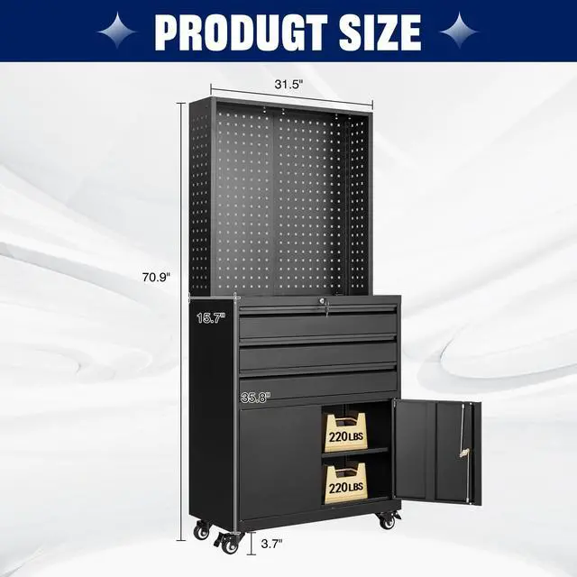 Alt view image 3 of 6 - Metal Garage Storage Cabinet with Wheels,3-Drawer Rolling Tool Cabinet with 2 Door and Adjustable Shelves,- 71" Steel Tool Cabinet for Warehouse,Garage,Workshop