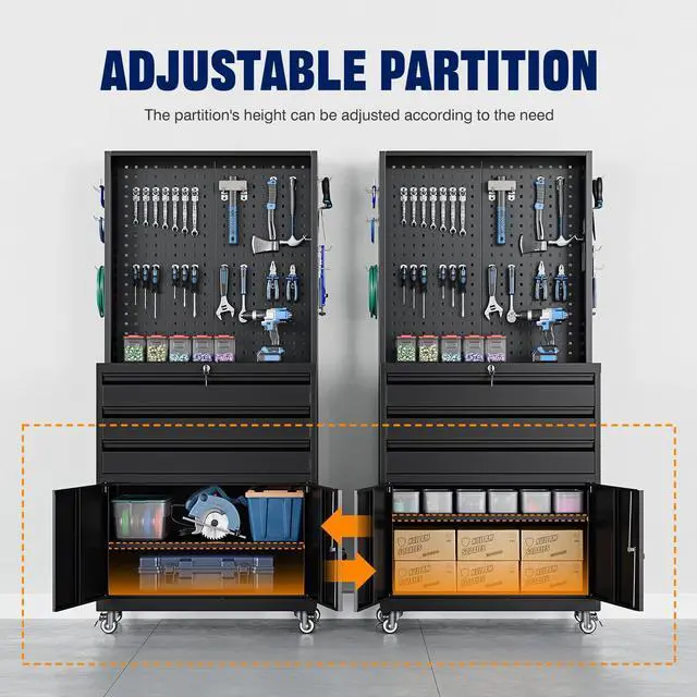 Alt view image 4 of 6 - Metal Garage Storage Cabinet with Wheels,3-Drawer Rolling Tool Cabinet with 2 Door and Adjustable Shelves,- 71" Steel Tool Cabinet for Warehouse,Garage,Workshop