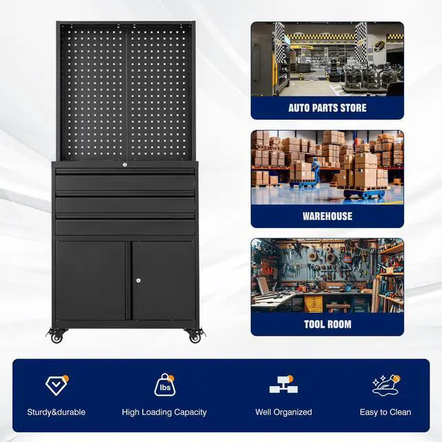 Alt view image 5 of 6 - Metal Garage Storage Cabinet with Wheels,3-Drawer Rolling Tool Cabinet with 2 Door and Adjustable Shelves,- 71" Steel Tool Cabinet for Warehouse,Garage,Workshop