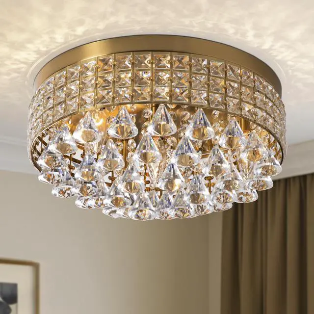 Main image of 4 Lights Brass Crystal Chandelier, Modern Drum Ceiling Light Fixture, Raindrop Flush Mount Round Metal Shade, for Dining Room, Living Room, Bathroom, Bedroom