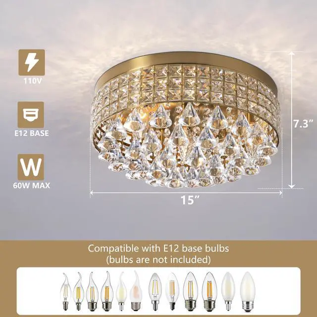 Alt view image 2 of 6 - 4 Lights Brass Crystal Chandelier, Modern Drum Ceiling Light Fixture, Raindrop Flush Mount Round Metal Shade, for Dining Room, Living Room, Bathroom, Bedroom