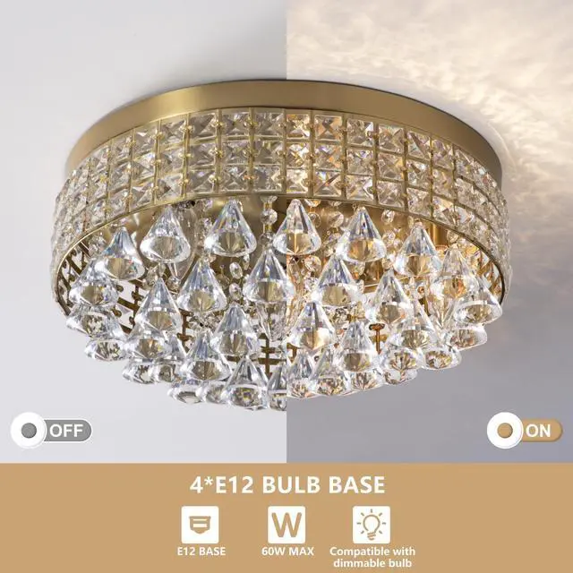 Alt view image 3 of 6 - 4 Lights Brass Crystal Chandelier, Modern Drum Ceiling Light Fixture, Raindrop Flush Mount Round Metal Shade, for Dining Room, Living Room, Bathroom, Bedroom