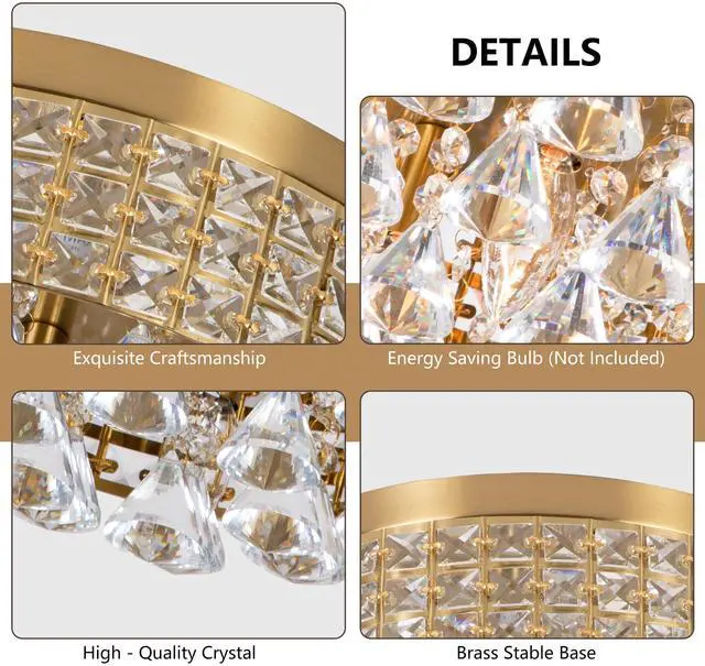 Alt view image 4 of 6 - 4 Lights Brass Crystal Chandelier, Modern Drum Ceiling Light Fixture, Raindrop Flush Mount Round Metal Shade, for Dining Room, Living Room, Bathroom, Bedroom
